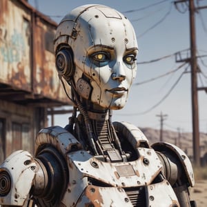 portrait of a female-like robot, bald, weathered, slighty rusted, battered and patched, Borderlands art style, cell-shaded, post-apocalyptic, outdoors