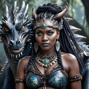 A breathtaking digital portrait depicting the harmonious embrace of a shaman and a mighty, huge, black mother-of-pearl dragon, with lively eyes, relief scales, luminous points on the skin. The woman, an exotic witch of braids, feathers, jewelry, jewelry, mysteriously gazes at the dragon's face. The dragon with piercing gray eyes leans closer, sharing a deep connection with the woman. The background is a hazy landscape, drawing attention to the powerful connection between two objects, photography, cinema, dark fantasy.

,DRG