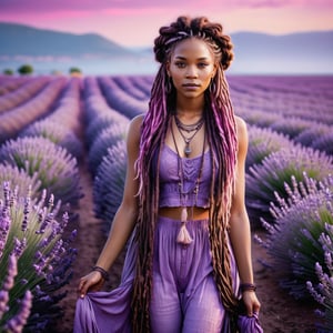 Realistic and Stunning woman dressed in purple and wearing boho clothes, long pink and purple dreadlocks and braids, stunning woman standing in the middle of a sea of ​​lavender, shades of violet blend with the purple hues of the surrounding flowers, high contrast between subject and background, lavender field stretching to the horizon, soft focus background, , natural light, ultra-fine and dramatic lighting.Realistic lighting, highly detailed