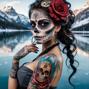 Get ready to be amazed by a visually descriptive and detailed image of a realistic sugar skull woman, adorned with steampunk elements, posing in front of a frozen lake with her vibrant tattoo sleeves on full display.



,Extremely Realistic,More Reasonable Details