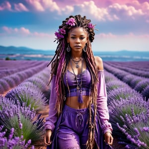 Realistic and Stunning woman dressed in purple and wearing boho clothing, long pink and purple dreadlocks and braids, stunning woman standing amidst a sea of ​​lavender, ink splashes accentuate the intricate details of her outfit, shades of violet blend with the purple hues of the surrounding flowers, high contrast between subject and background, lavender field stretching to the horizon, soft focus background, ink splashes adding dynamic texture, natural light, ultra-fine and dramatic lighting. Realistic lighting, highly detailed