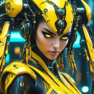 a woman dressed is a yellow and black dress with a helmet, in the style of cyberpunk realism, zbrush, argus c3, made of insects, industrial machinery aesthetics, shiny eyes, high definition,photo r3al