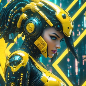 a woman dressed is a yellow and black dress with a helmet, in the style of cyberpunk realism, zbrush, argus c3, made of insects, industrial machinery aesthetics, shiny eyes, high definition,photo r3al