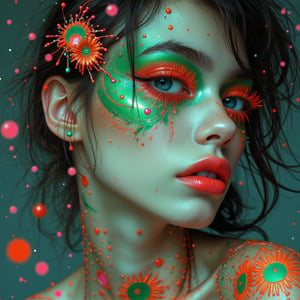 A snapshot of a retro-futuristic, sci-fi, surreal, psychedelic, neon green, pink, polka-dot pattern, exaggerated features, eerie, smooth texture, animalistic eyes, abstract background, 1970s aesthetic, porcelain skin, bleeding makeup, space-age.