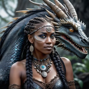 A breathtaking digital portrait depicting the harmonious embrace of a shaman and a mighty, huge, black mother-of-pearl dragon, with lively eyes, relief scales, luminous points on the skin. The woman, an exotic witch of braids, feathers, jewelry, jewelry, mysteriously gazes at the dragon's face. The dragon with piercing gray eyes leans closer, sharing a deep connection with the woman. The background is a hazy landscape, drawing attention to the powerful connection between two objects, photography, cinema, dark fantasy.

,DRG