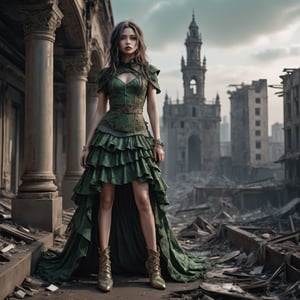 A cinematic photo of a stunning model dressed in green with open shoes, luxury dress, in the style of multi-layered textures, ornamental details, gothic core, highly detailed, photorealism, attractive and gorgeous beauty, while standing dominantly and confidently in a desolate place. , dark post-apocalyptic cityscape, capturing the stark juxtaposition of beauty and decay, with the model's perfect skin shining like a beacon of hope amidst the devastated cityscape. Photographed with a focused depth of field to blur the gloomy surroundings, emphasizing her striking, rebellious pose. full body, golden hour.
