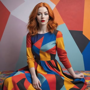 A panoramic photo featuring a woman sitting in front of a colorful, abstract background. She has shoulder-length, slightly wavy, bright orange hair that falls over her shoulders. Her face is delicate and even, with perfectly applied eye makeup and red lips. She looks directly at the camera with a pensive expression. The woman is wearing a striking, colorful dress in the style of abstract expressionism. The dress is made up of geometric shapes in bold colors like yellow, red, blue, and black. The dress has long sleeves and appears to reach her knees. Her left hand supports her face while her right arm rests loosely on her lap. The background consists of large abstract color fields in similar colors to the dress. These color fields are irregularly shaped and resemble a large-scale painting. The colors in the background harmonize with those of the dress, creating a visual connection between the woman and the background. The lighting in the image is soft and even, highlighting the woman.