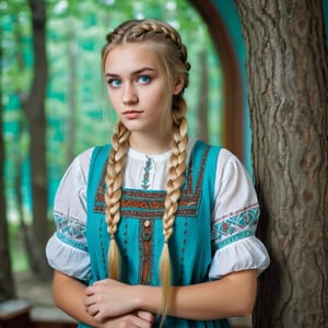A beautiful 20-year-old blonde girl with long hair, a thick single braid, amber eyes, tense expression, wearing a Slavic turquoise sarafan, against the backdrop of the interior of a Slavic rich princely terem, featuring trees, patterns, arches, hyperrealism, professional photo, detailed.