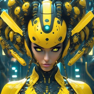 a woman dressed is a yellow and black dress with a helmet, in the style of cyberpunk realism, zbrush, argus c3, made of insects, industrial machinery aesthetics, shiny eyes, high definition