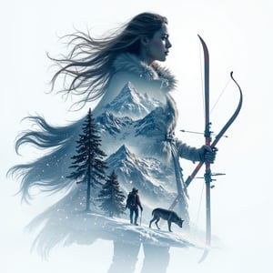 Create a majestic 8K resolution 3D double exposure artwork featuring a silhouette of Skadi, the Norse goddess of winter, skiing, and hunting, set against a backdrop of snow-covered mountains and icy fjords. Within Skadi's form, incorporate:

Her fierce, determined expression adorned with a winter cloak and fur-lined boots
A pair of skis and a bow, symbolizing her prowess in both winter sports and hunting
Flowing hair that blends into the snowy landscape
Inside Skadi's silhouette, depict scenes of winter wilderness, hunting expeditions, and serene snowy landscapes:

Hikers and hunters navigating through snow-covered forests and mountainous terrains
Wildlife such as reindeer and wolves thriving in the icy environment
Frozen lakes and sparkling snowflakes creating a tranquil yet formidable winter scene
Use a color palette that blends:

Icy blues and crisp whites representing winter and cold
Deep silvers and grays symbolizing strength and resilience
Hints of emerald green for evergreen forests and natural beauty
The overall composition should convey strength and harmony with nature, emphasizing Skadi's role as a formidable goddess who thrives in the harshest winter conditions. Incorporate artistic styles inspired by Norse saga illustrations and contemporary alpine art, with crisp, shimmering lighting effects to enhance the majestic and serene atmosphere. Subtly integrate Norse runes and winter motifs throughout the artwork, symbolizing endurance, hunting prowess, and the beauty of winter.