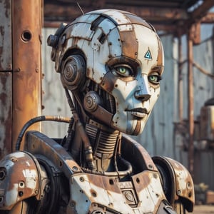 portrait of a female-like robot, bald, weathered, slighty rusted, battered and patched, Borderlands art style, cell-shaded, post-apocalyptic, outdoors