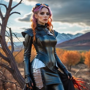 Realistic portrait, captured from a low-angle perspective with HDR and RAW detail. Depict an "Autumn Enchantress" with a cyberpunk gothic aesthetic. She is slender and crouched, exuding the mystique of a fusion between the artistic styles of Robert Mapplethorpe and Mona Kuhn. Her form is encased in a biomechanical exoskeleton, with vibrant multicolored hair cascading down. She wears a long, leather dress that flows with subtle, sophisticated elegance.

The background is inspired by Max Rive's dramatic landscapes, featuring towering mountains and expansive skies that evoke a sense of grandeur. She wears oversized sunglasses that reflect a haunting post-apocalyptic landscape, introducing a narrative of survival and resilience. The influence of Vincent van Gogh emerges in the portrayal of a demonic figure in the distance, distorted yet captivating, representing the tortured beauty of the human condition.

The scene is set in the amber hues of dusk, with ethereal lighting casting intricate shadows across the wild terrain. There is a sense of ancient nomadic tribes converging with futuristic technology, where the traditional collides with the avant-garde. The overall aesthetic is reminiscent of a high-fashion magazine cover, merging the sublime with the surreal in a captivating visual narrative.

