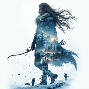 Create a majestic 8K resolution 3D double exposure artwork featuring a silhouette of Skadi, the Norse goddess of winter, skiing, and hunting, set against a backdrop of snow-covered mountains and icy fjords. Within Skadi's form, incorporate:

Her fierce, determined expression adorned with a winter cloak and fur-lined boots
A pair of skis and a bow, symbolizing her prowess in both winter sports and hunting
Flowing hair that blends into the snowy landscape
Inside Skadi's silhouette, depict scenes of winter wilderness, hunting expeditions, and serene snowy landscapes:

Hikers and hunters navigating through snow-covered forests and mountainous terrains
Wildlife such as reindeer and wolves thriving in the icy environment
Frozen lakes and sparkling snowflakes creating a tranquil yet formidable winter scene
Use a color palette that blends:

Icy blues and crisp whites representing winter and cold
Deep silvers and grays symbolizing strength and resilience
Hints of emerald green for evergreen forests and natural beauty
The overall composition should convey strength and harmony with nature, emphasizing Skadi's role as a formidable goddess who thrives in the harshest winter conditions. Incorporate artistic styles inspired by Norse saga illustrations and contemporary alpine art, with crisp, shimmering lighting effects to enhance the majestic and serene atmosphere. Subtly integrate Norse runes and winter motifs throughout the artwork, symbolizing endurance, hunting prowess, and the beauty of winter.