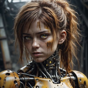 discarded android-cyborg girl, sad empty stare, filthy hair, perfect cracked face, perfect sad eyes, skin peeling off, damaged, broken android body, leaking oil, rusty yellow carapace parts with dirty cracks, mechanical cyborg joints, highly detailed, strong contrast, intricate details, volumetric light, 16k HDRI, lot of details, high quality, dramatic atmosphere, atmospheric perspective, subsurface scattering, transparency, analog style, film photography, sharp focus, soft focus, cinematic sophisticated lighting, heavy shadow, movie still, captured in the style of Sony Alpha A7 III camera
