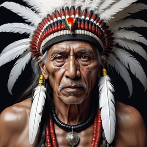 
old american indian with drooping facial skin big nose and mouth down wearing a long headdress white feathers with black tips and red and yellow details With a black and red white coral snake together, perfect composition, beautiful detailed intricate insanely detailed octane render trending on artstation, 8 k artistic photography, photorealistic concept art, soft natural volumetric cinematic perfect light, chiaroscuro, award - winning photograph, masterpiece, oil on canvas, raphael, caravaggio, greg rutkowski, beeple, beksinski, giger