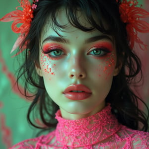 A snapshot of a retro-futuristic, sci-fi, surreal, psychedelic, neon green, pink, polka-dot pattern, exaggerated features, eerie, smooth texture, animalistic eyes, abstract background, 1970s aesthetic, porcelain skin, bleeding makeup, space-age.