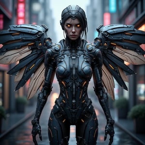 "A full-body shot of a powerful cyborg woman, adorned in a futuristic, high-tech winged suit, standing amidst a neon-lit cyberpunk cityscape. Her suit is a seamless blend of sleek metallic armor and advanced nanotechnology, with panels that shift and adapt to her movements. The wings are vast and articulated, combining mechanical structure with metallic, feather-like blades, each feather emitting a soft, pulsing glow of blue and purple hues. Fine circuitry and glowing conduits run through her armor, connecting intricate joints and servos that enhance her strength and agility.

The scene is captured with the precision of macro photography, highlighting the intricate engravings, microchips, and reflective surfaces on her armor. The suit displays wear and tear, with small scratches and battle scars adding a sense of realism. Her expression is focused, with glowing cybernetic eyes that pierce through the dimly lit, rainy urban environment.

The lighting is reminiscent of a professional studio setup, creating dramatic contrasts and reflections that accentuate the textures and materials of her suit. Rays of neon lights from the bustling city below cast dynamic highlights on her wings, giving them a luminous edge. The background, slightly blurred, features towering skyscrapers adorned with holographic advertisements and rain-soaked streets, creating a sense of depth without detracting from the detailed foreground. This image is infused with the essence of CGSociety's art style, with the realism and complexity of an Unreal Engine 5 render."