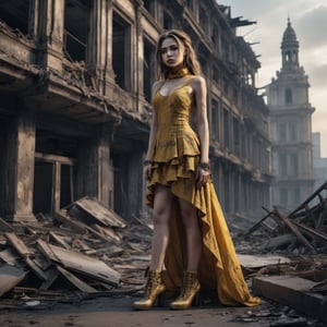 A cinematic photo of a stunning model dressed in yellow with open shoes, luxury dress, in the style of multi-layered textures, ornamental details, gothic core, highly detailed, photorealism, attractive and beautiful beauty, while standing dominantly and confidently in a desolate place. , dark post-apocalyptic cityscape, capturing the stark juxtaposition of beauty and decay, with the model's perfect skin shining like a beacon of hope amidst the devastated cityscape. Photographed with a focused depth of field to blur the gloomy surroundings, emphasizing her striking, rebellious pose. full body, golden hour.