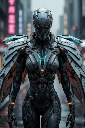 "A full-body shot of a powerful cyborg woman, adorned in a futuristic, high-tech winged suit, standing amidst a neon-lit cyberpunk cityscape. Her suit is a seamless blend of sleek metallic armor and advanced nanotechnology, with panels that shift and adapt to her movements. The wings are vast and articulated, combining mechanical structure with metallic, feather-like blades, each feather emitting a soft, pulsing glow of blue and purple hues. Fine circuitry and glowing conduits run through her armor, connecting intricate joints and servos that enhance her strength and agility.

The scene is captured with the precision of macro photography, highlighting the intricate engravings, microchips, and reflective surfaces on her armor. The suit displays wear and tear, with small scratches and battle scars adding a sense of realism. Her expression is focused, with glowing cybernetic eyes that pierce through the dimly lit, rainy urban environment.

The lighting is reminiscent of a professional studio setup, creating dramatic contrasts and reflections that accentuate the textures and materials of her suit. Rays of neon lights from the bustling city below cast dynamic highlights on her wings, giving them a luminous edge. The background, slightly blurred, features towering skyscrapers adorned with holographic advertisements and rain-soaked streets, creating a sense of depth without detracting from the detailed foreground. This image is infused with the essence of CGSociety's art style, with the realism and complexity of an Unreal Engine 5 render."