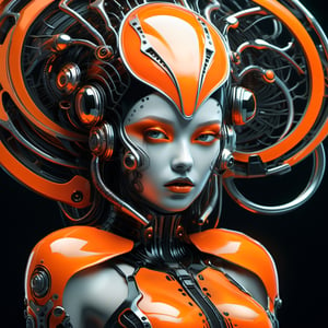 ma black and white, futuristic woman in an orange dress, in the style of highly stylized figures, cybergoth, naoto hattori, 8k 3d, botticelli-esque figures, shiny/glossy, luminescent color scheme,Ultra-detailed 3D digital art, high resolution, photorealistic rendering, sharp focus, high-quality background, ultra-detailed landscape, ultra-sharp focus, consistent style, unique and well-developed concept, Unreal Engine, intricate details, beautiful color grading, bright lights , symmetry.
