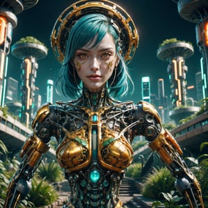 Cinematic results, colorful picture of a beautiful cyborg with short flowy blue hair,  she is wearing an intricate brocade dress gold jewelry,  she is surrounded by nature in a futuristic utopian city, work of beauty and complexity, dynamic pose, 8kUHD , ultradetailed face  ,DonMG414, surreal vibe, flowers, amber glow,