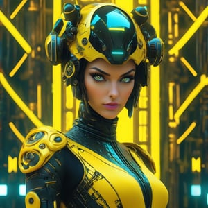 a woman dressed is a yellow and black dress with a helmet, in the style of cyberpunk realism, zbrush, argus c3, made of insects, industrial machinery aesthetics, shiny eyes, high definition