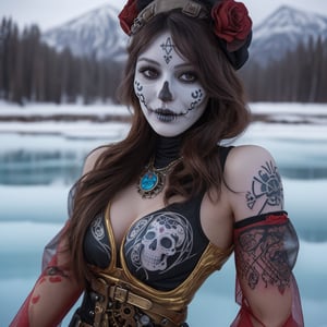 Get ready to be amazed by a visually descriptive and detailed image of a realistic sugar skull woman, adorned with steampunk elements, posing in front of a frozen lake with her vibrant tattoo sleeves on full display.



,Extremely Realistic,More Reasonable Details,photorealistic,SD 1.5