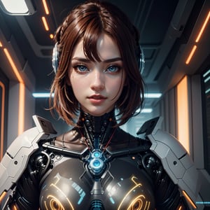(high resolution, masterpiece: 1.2), ultra-detailed, realistic, physics-based representation, cyborg woman, electronic systems in the humanoid head, with a detailed brain that can be seen, representation of mechanical parts of the skull, female face, beautiful detailed eyes, red hair, beautiful detailed lips, muscle wire, flesh-colored skin, metallic elements, digital interface, shiny circuits, advanced sensors, high-tech prosthetics, seamless integration, artificial intelligence, technological improvements, wearable technology, modern aesthetics , bionic enhancements, advanced biotechnology, elegant and futuristic design, combination of humans and machines, symbolic representation of human evolution, harmonious coexistence of organic and synthetic components, vivid colors, dynamic lighting.