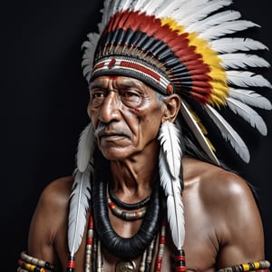 
old american indian with drooping facial skin big nose and mouth down wearing a long headdress white feathers with black tips and red and yellow details With a black and red white coral snake together, perfect composition, beautiful detailed intricate insanely detailed octane render trending on artstation, 8 k artistic photography, photorealistic concept art, soft natural volumetric cinematic perfect light, chiaroscuro, award - winning photograph, masterpiece, oil on canvas, raphael, caravaggio, greg rutkowski, beeple, beksinski, giger