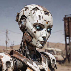 portrait of a female-like robot, bald, weathered, slighty rusted, battered and patched, Borderlands art style, cell-shaded, post-apocalyptic, outdoors