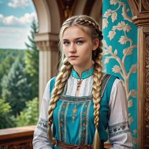 A beautiful 20-year-old blonde girl with long hair, a thick single braid, amber eyes, tense expression, wearing a Slavic turquoise sarafan, against the backdrop of the interior of a Slavic rich princely terem, featuring trees, patterns, arches, hyperrealism, professional photo, detailed.