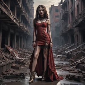 A cinematic photo of a stunning model in red with open shoes, luxury dress, in the style of multi-layered textures, ornate details, gothic core, highly detailed, photorealism, attractive, gorgeous beauty, as she stands dominantly and confidently in a desolate, dark post-apocalyptic cityscape, capturing the stark juxtaposition of beauty and decay, with the model's flawless skin glowing like a beacon of hope amidst the ravaged urban landscape. photographed with a focused depth of field to blur the bleak surroundings, emphasizing her striking, rebellious pose. full body, golden hour.

