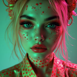 A snapshot of a retro-futuristic, sci-fi, surreal, psychedelic, neon green, pink, polka-dot pattern, exaggerated features, eerie, smooth texture, animalistic eyes, abstract background, 1970s aesthetic, porcelain skin, bleeding makeup, space-age.