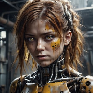 discarded android-cyborg girl, sad empty stare, filthy hair, perfect cracked face, perfect sad eyes, skin peeling off, damaged, broken android body, leaking oil, rusty yellow carapace parts with dirty cracks, mechanical cyborg joints, highly detailed, strong contrast, intricate details, volumetric light, 16k HDRI, lot of details, high quality, dramatic atmosphere, atmospheric perspective, subsurface scattering, transparency, analog style, film photography, sharp focus, soft focus, cinematic sophisticated lighting, heavy shadow, movie still, captured in the style of Sony Alpha A7 III camera
