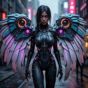 "A full-body shot of a powerful cyborg woman, adorned in a futuristic, high-tech winged suit, standing amidst a neon-lit cyberpunk cityscape. Her suit is a seamless blend of sleek metallic armor and advanced nanotechnology, with panels that shift and adapt to her movements. The wings are vast and articulated, combining mechanical structure with metallic, feather-like blades, each feather emitting a soft, pulsing glow of blue and purple hues. Fine circuitry and glowing conduits run through her armor, connecting intricate joints and servos that enhance her strength and agility.

The scene is captured with the precision of macro photography, highlighting the intricate engravings, microchips, and reflective surfaces on her armor. The suit displays wear and tear, with small scratches and battle scars adding a sense of realism. Her expression is focused, with glowing cybernetic eyes that pierce through the dimly lit, rainy urban environment.

The lighting is reminiscent of a professional studio setup, creating dramatic contrasts and reflections that accentuate the textures and materials of her suit. Rays of neon lights from the bustling city below cast dynamic highlights on her wings, giving them a luminous edge. The background, slightly blurred, features towering skyscrapers adorned with holographic advertisements and rain-soaked streets, creating a sense of depth without detracting from the detailed foreground. This image is infused with the essence of CGSociety's art style, with the realism and complexity of an Unreal Engine 5 render."