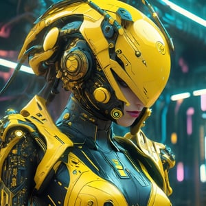 a woman dressed is a yellow and black dress with a helmet, in the style of cyberpunk realism, zbrush, argus c3, made of insects, industrial machinery aesthetics, shiny eyes, high definition,photo r3al