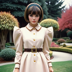 spoiled entitled woman with short bobbed hair with short straight severe bangs 1970's double knit polyester long sleeved princess dress belted with huge poofy shoulders with very wide and very large shoulder pads with a huge collar, with a fancy blouse tie in a weird abstract sculpture garden,cinematic style