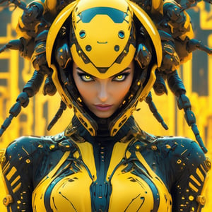 a woman dressed is a yellow and black dress with a helmet, in the style of cyberpunk realism, zbrush, argus c3, made of insects, industrial machinery aesthetics, shiny eyes, high definition,photo r3al