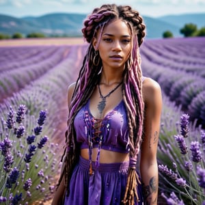 Realistic and Stunning woman dressed in purple and wearing boho clothing, long pink and purple dreadlocks and braids, stunning woman standing amidst a sea of ​​lavender, ink splashes accentuate the intricate details of her outfit, shades of violet blend with the purple hues of the surrounding flowers, high contrast between subject and background, lavender field stretching to the horizon, soft focus background, ink splashes adding dynamic texture, natural light, ultra-fine and dramatic lighting. Realistic lighting, highly detailed