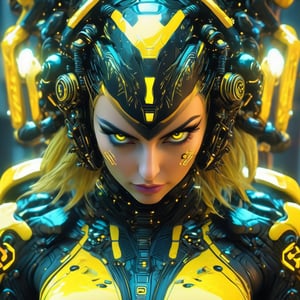 a woman dressed is a yellow and black dress with a helmet, in the style of cyberpunk realism, zbrush, argus c3, made of insects, industrial machinery aesthetics, shiny eyes, high definition,photo r3al