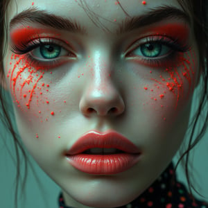 A snapshot of a retro-futuristic, sci-fi, surreal, psychedelic, neon green, pink, polka-dot pattern, exaggerated features, eerie, smooth texture, animalistic eyes, abstract background, 1970s aesthetic, porcelain skin, bleeding makeup, space-age.