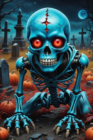 High Quality, Masterpiece, An illustration, bestquality, best aesthetic, digital painting, ((oil painting)), [: Semi-realistic, oil painting, a digital illustration of a blue skeleton crawling along the ground with glowing red eyes. The background consists of a dark, graveyard setting at nighttime. The image has a fantasy theme. artwork_(digital), ,6000,h4l0w3n5l0w5tyl3M3rg34ll