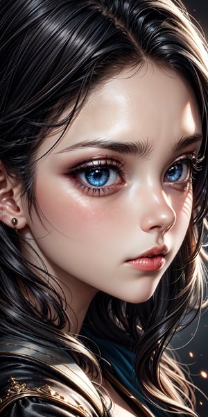 1girl, portrait, teens, close up, cute face, detailed eyes, make up, smooth long black hair, blue eyes, war cloth,
more_details:0.1,