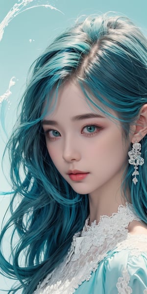 (1cute girl), long blue curly hair, green eyes, wearing a beautiful baby blue lace dress. White skin, splat art background, eye_detail, background_detail, face_detail, hair_detail, more_detail, add_detail, adddetailed, cute_face,