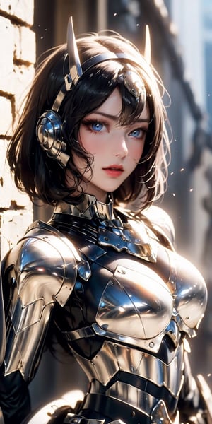 (masterpiece, best quality),(extremely intricate:1.3), (realistic), 1girl, 18 year old, caucasian, green eyes, perfect eyes, perfect iris, perfect pupils, perfect lips,perfect nose, perfect hands, very detailed hands, perfect fingers, black hair, short hair, straight hair, small braid in her hair, (medieval armor), metal reflections, (((silver armor))), outdoors, far away castle, (ornately decorated armor), (insanely detailed, bloom:1.5), chainmail, intense sunlight, professional photograph of a stunning woman detailed, sharp focus,  award winning, cinematic lighting, blurry background, upper body, ((confident)), (Pose:looking at the camera),mecha