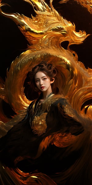 masterpiece, top quality, best quality, official art, beautiful and aesthetic:1.2), (1girl:1.3), chinese dragon, eastern dragon, golden line, (black theme:1.6), volumetric lighting, ultra-high quality, photorealistic, sky background,3va,Circle,Realism