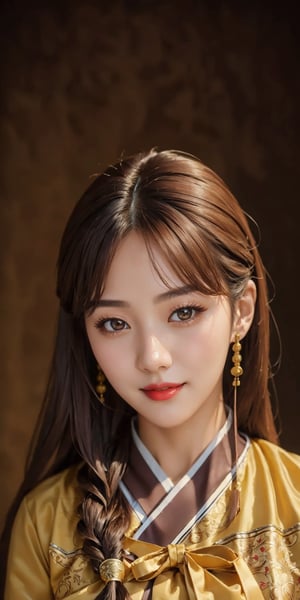 (Masterpiece, best quality, 8k RAW photo, photorealistic:1.37), 1girl, korean, light smile, long hair, brown hair, medium breast, dynamic lighting, black background, intricate detailed, finely detailed, cowboy_shot, wearing Hanbok, Korean traditional cloth,