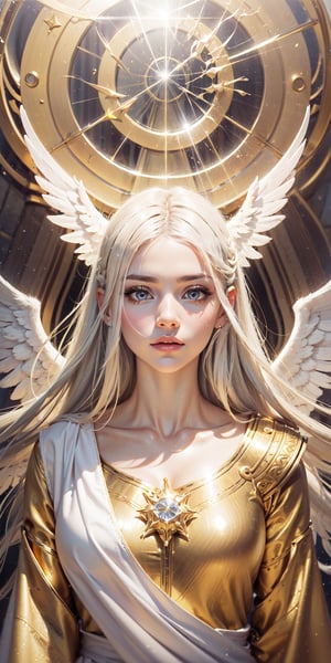 Solo (Angel.0.8) wearing a white long dress, white hairz very ling hair, hair on forehead, golden robe , white (angel wings0.8) masterpiece,best quality, absurdres, high_resolution,damped sunlight, natural reflection, praying looking up, a hollow golden ring above her head, yellow eyes, simple background, full body , in center, perfect face, perfect eyes, expressive face, perfect lightining 