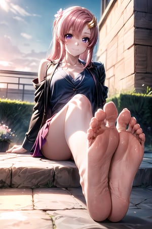 foot up, grass floor, (pov, front view), (looking at the viewer), (petite, small size breasts),  (collarbone), (bare shoulder), 

Masterpiece, beautiful details, perfect focus, uniform 8K wallpaper, high resolution, exquisite texture in every detail, (perfect outdoor light), (spacious clear sky background), (flower garden setting),

Lacus Clyne, Pink hair, bangs, (purple eyes), bangs, waist length long hair, wave hair ornament, formal suit, sexy miniskirt, smart jacket, 

(perfect hands), (perfect fingers), (only 2 hands visible),

1 girl, (shining eyes), (clear shining deep eyes),   (smile), (blushed), (very long sexy legs), (perfect legs), (barefoot),

Detailedface, perfect lighting