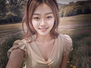 Top quality, highly detailed, Korean woman, 20 years old, outdoor, meadow scenery, blouse, hairband, upper body, standing, sunlight, closeup, selfie, sunny weather, smiling